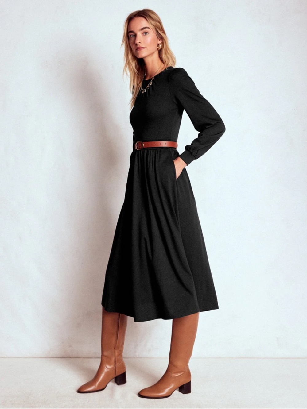 Boden Alexandra Jersey Midi Dress Black Long Sleeve Fit Flare Pockets Size 4